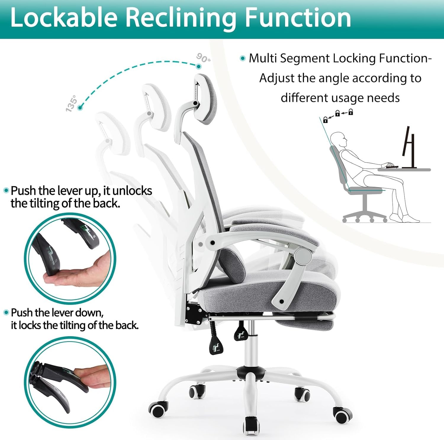 Grey High Back Ergonomic Mesh Desk Chair With Footrest