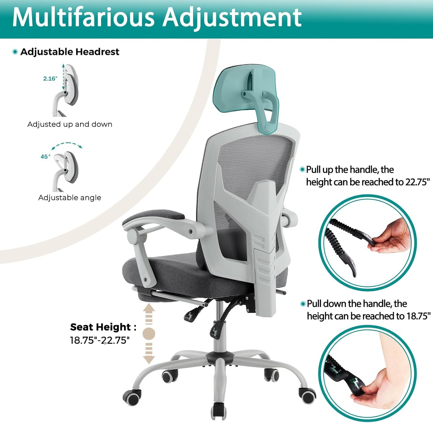 Grey High Back Ergonomic Mesh Desk Chair With Footrest