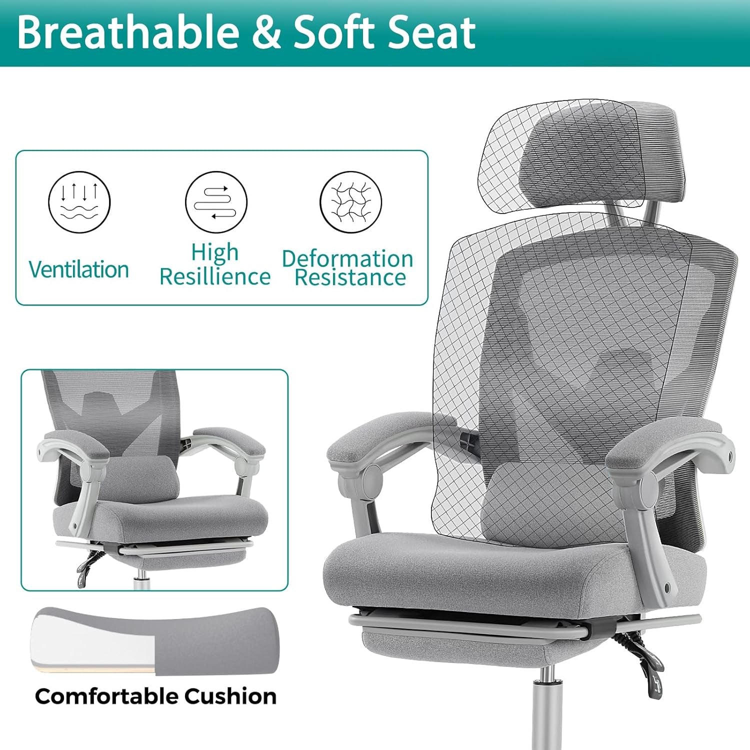 Grey High Back Ergonomic Mesh Desk Chair With Footrest