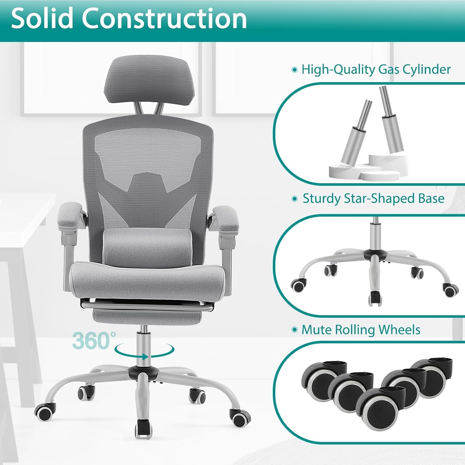 Grey High Back Ergonomic Mesh Desk Chair With Footrest