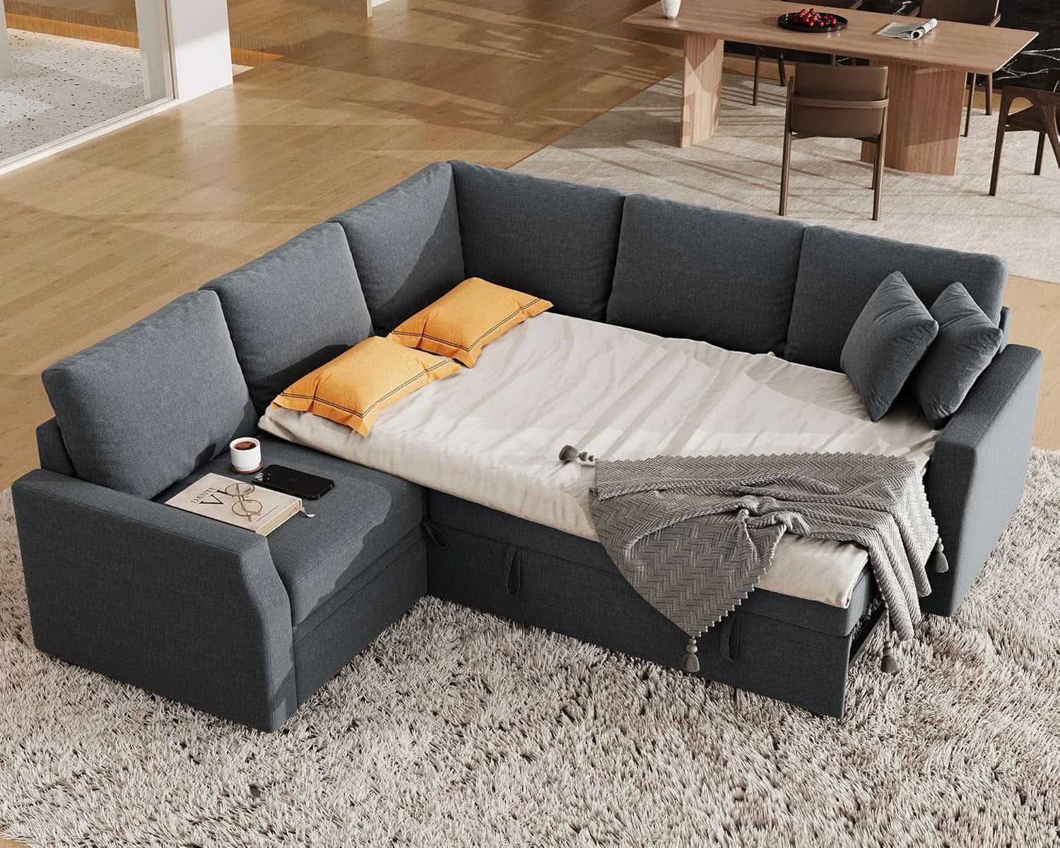 Grey L Shaped Sectional Sofa Bed 85 Inch With Storage