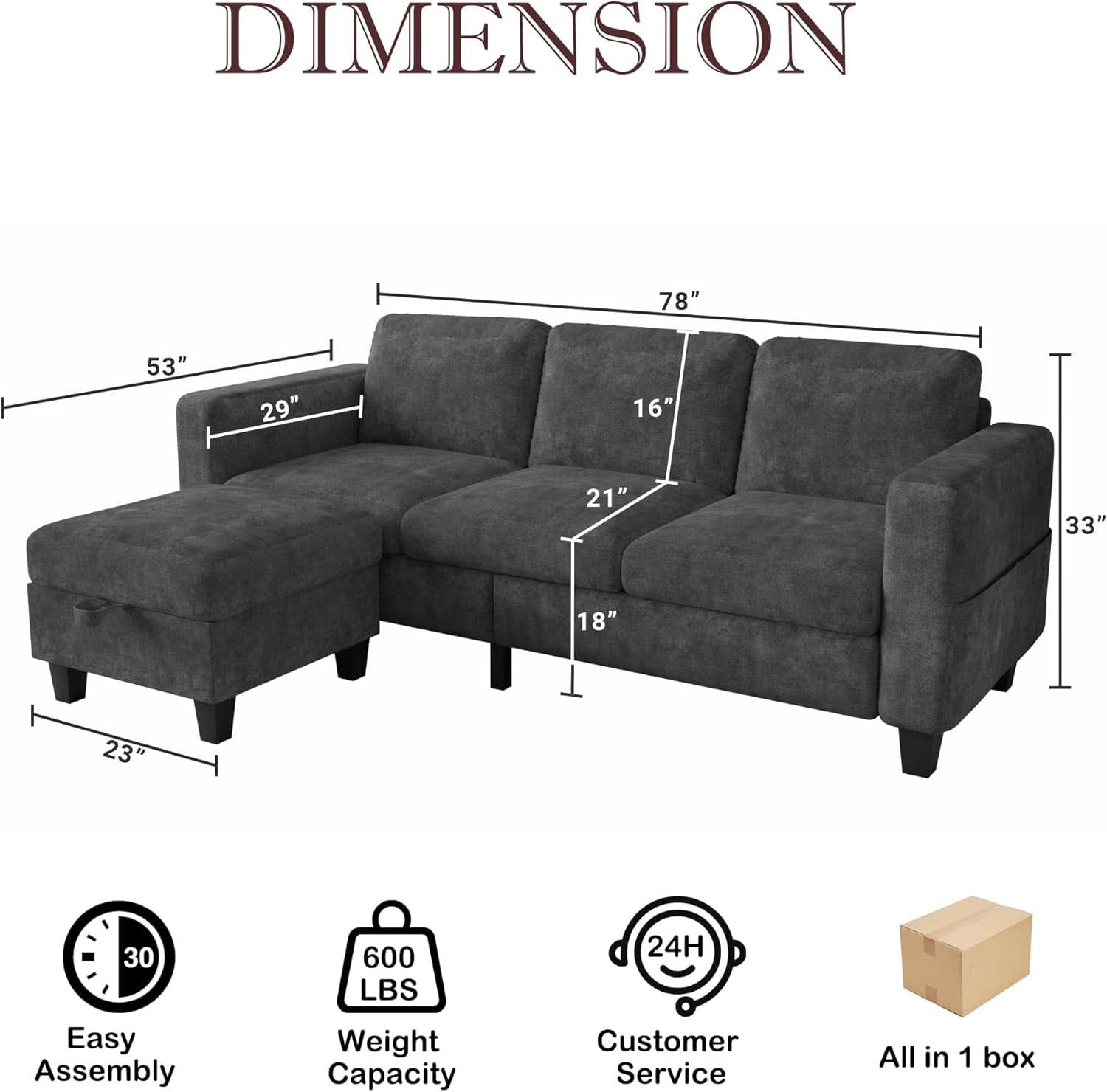 Grey L Shaped Sectional Sofa With Storage Ottoman Modern