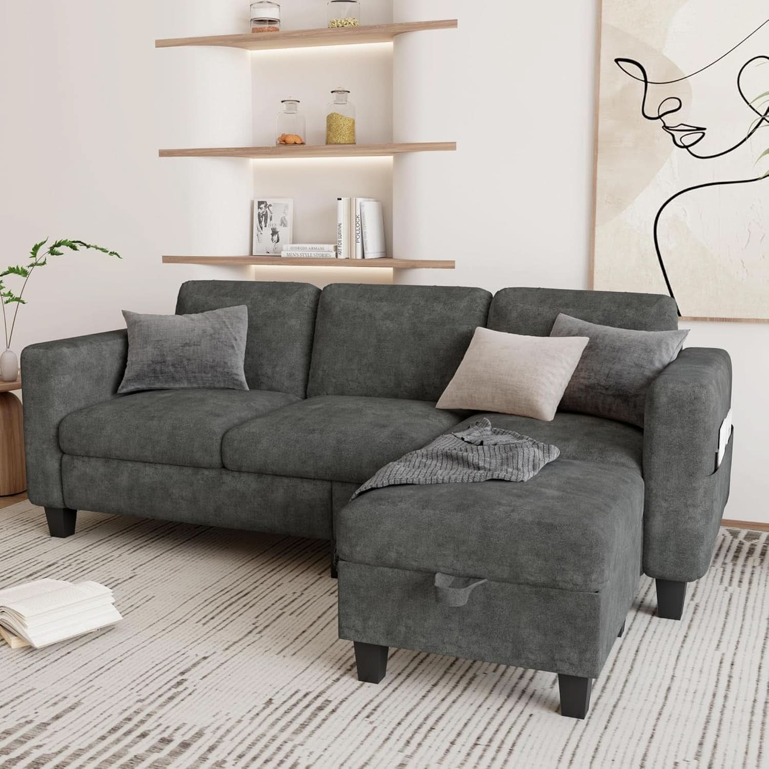 Grey L Shaped Sectional Sofa With Storage Ottoman Modern