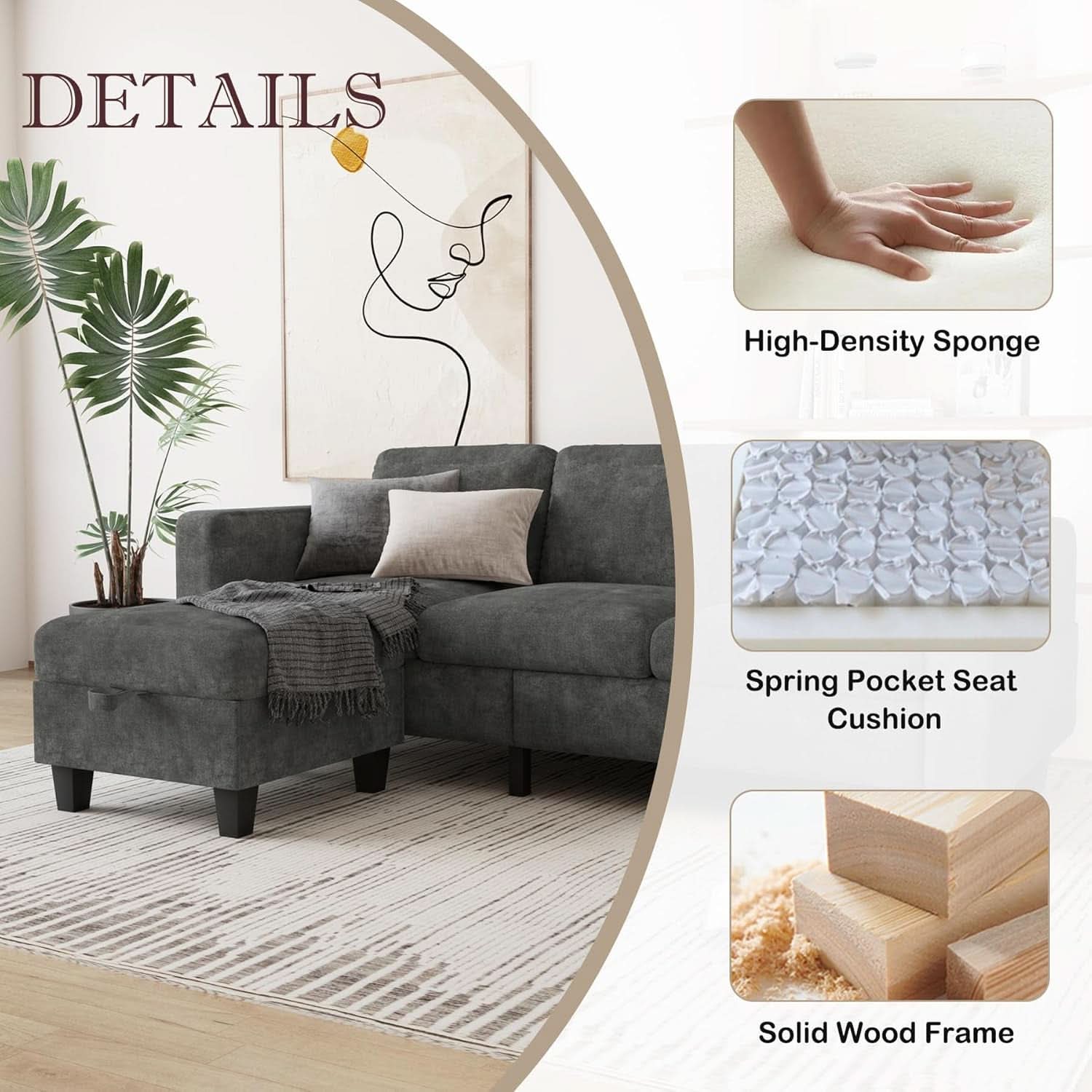 Grey L Shaped Sectional Sofa With Storage Ottoman Modern