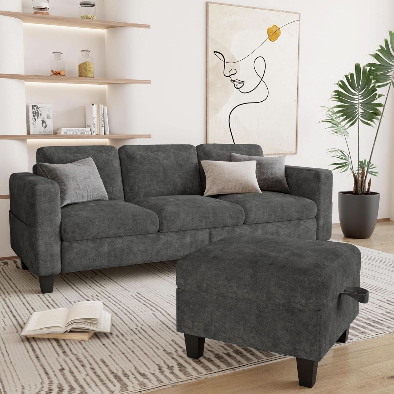 Grey L Shaped Sectional Sofa With Storage Ottoman Modern