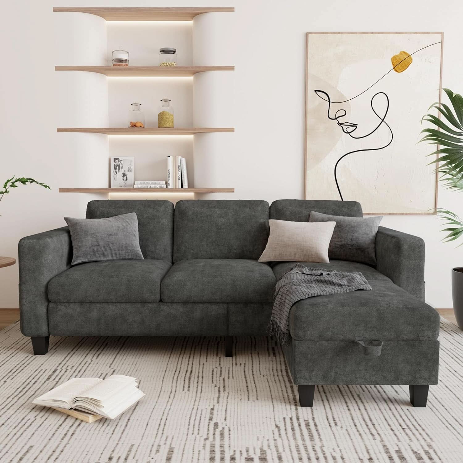 Grey L Shaped Sectional Sofa With Storage Ottoman Modern
