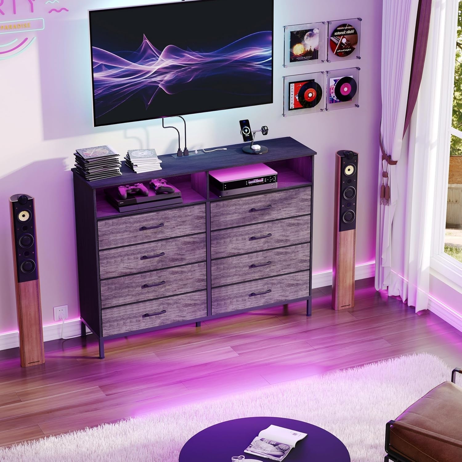 Grey LED Dresser With USB Charging Station For Bedroom Use