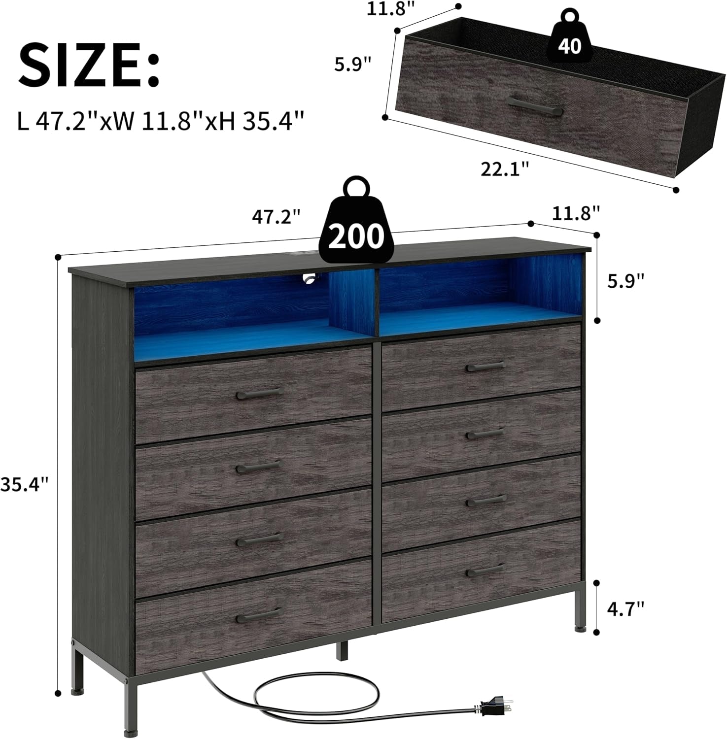 Grey LED Dresser With USB Charging Station For Bedroom Use