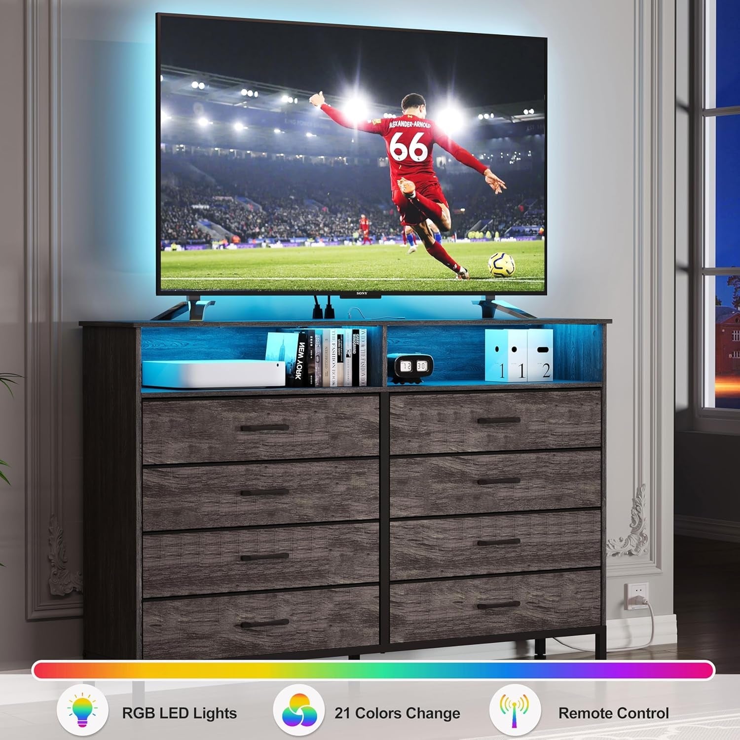Grey LED Dresser With USB Charging Station For Bedroom Use