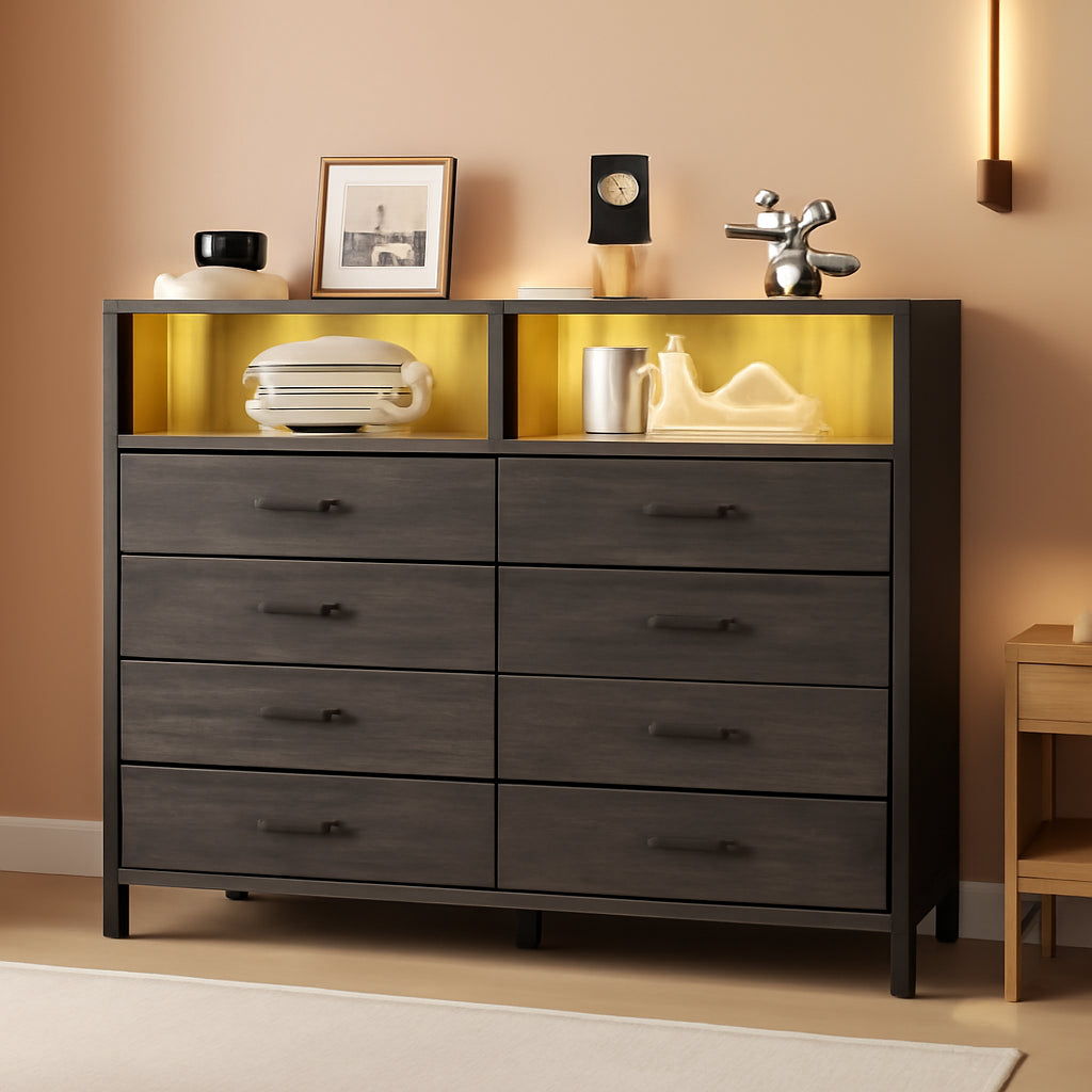 Grey LED Dresser With USB Charging Station For Bedroom Use