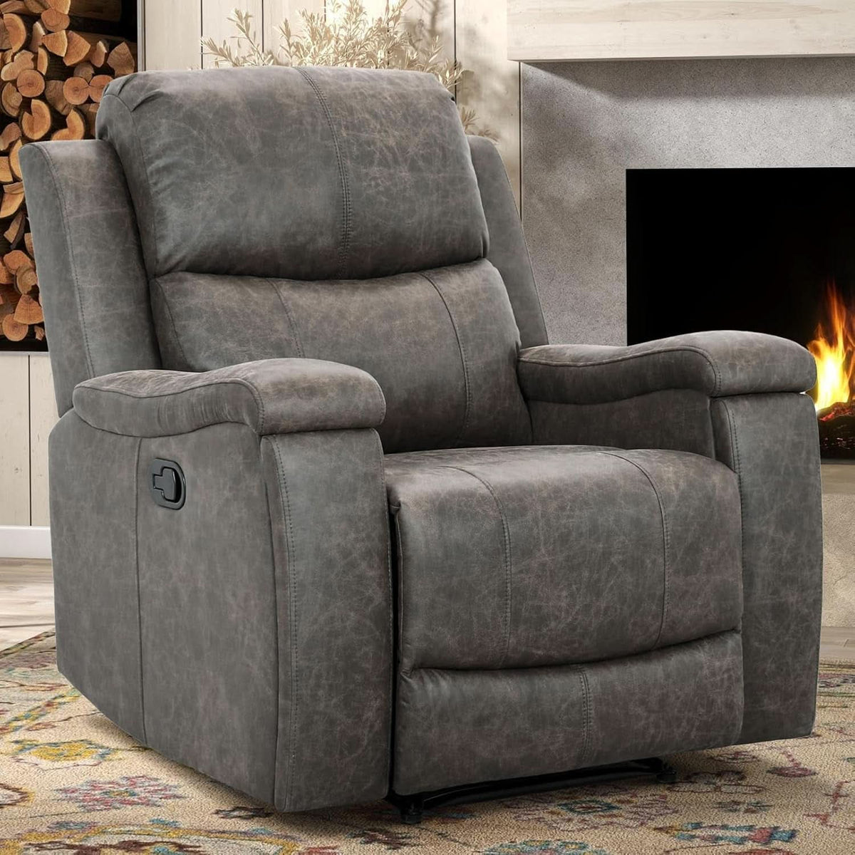 Grey Leather Recliner Chair With Cup Holders Living Room
