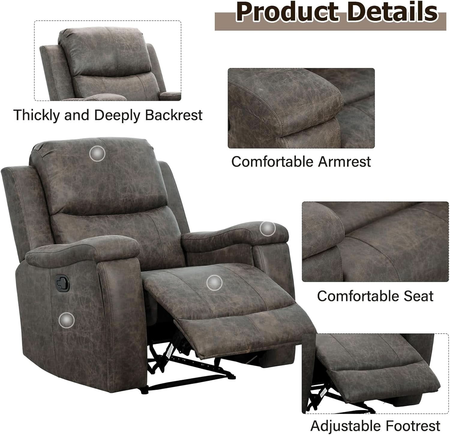 Grey Leather Recliner Chair With Cup Holders Living Room