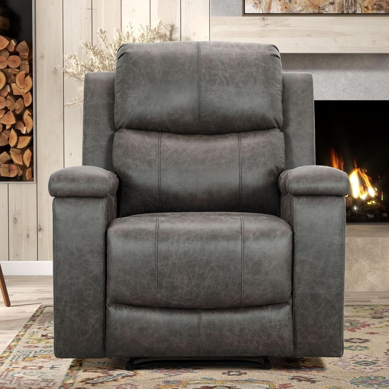Grey Leather Recliner Chair With Cup Holders Living Room