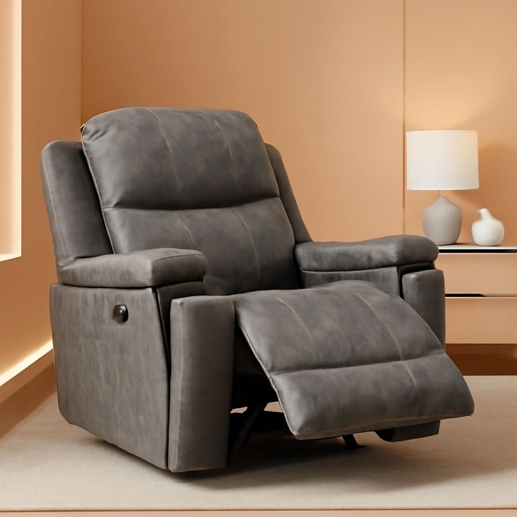Grey Leather Recliner Chair With Cup Holders Living Room