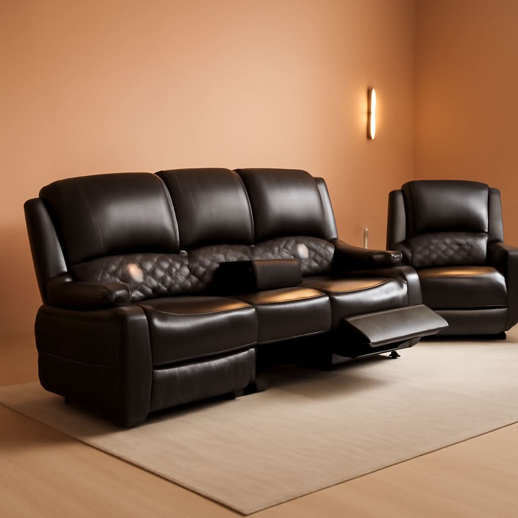 Grey Leather Reclining Loveseat Set With Console And Chairs