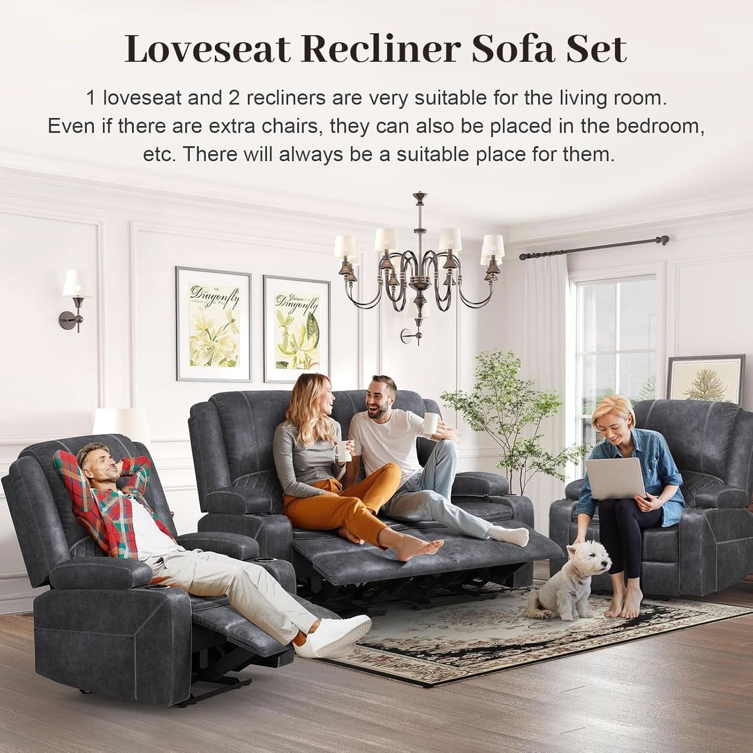 Grey Leather Reclining Loveseat Sofa Set With Console And Two Chairs