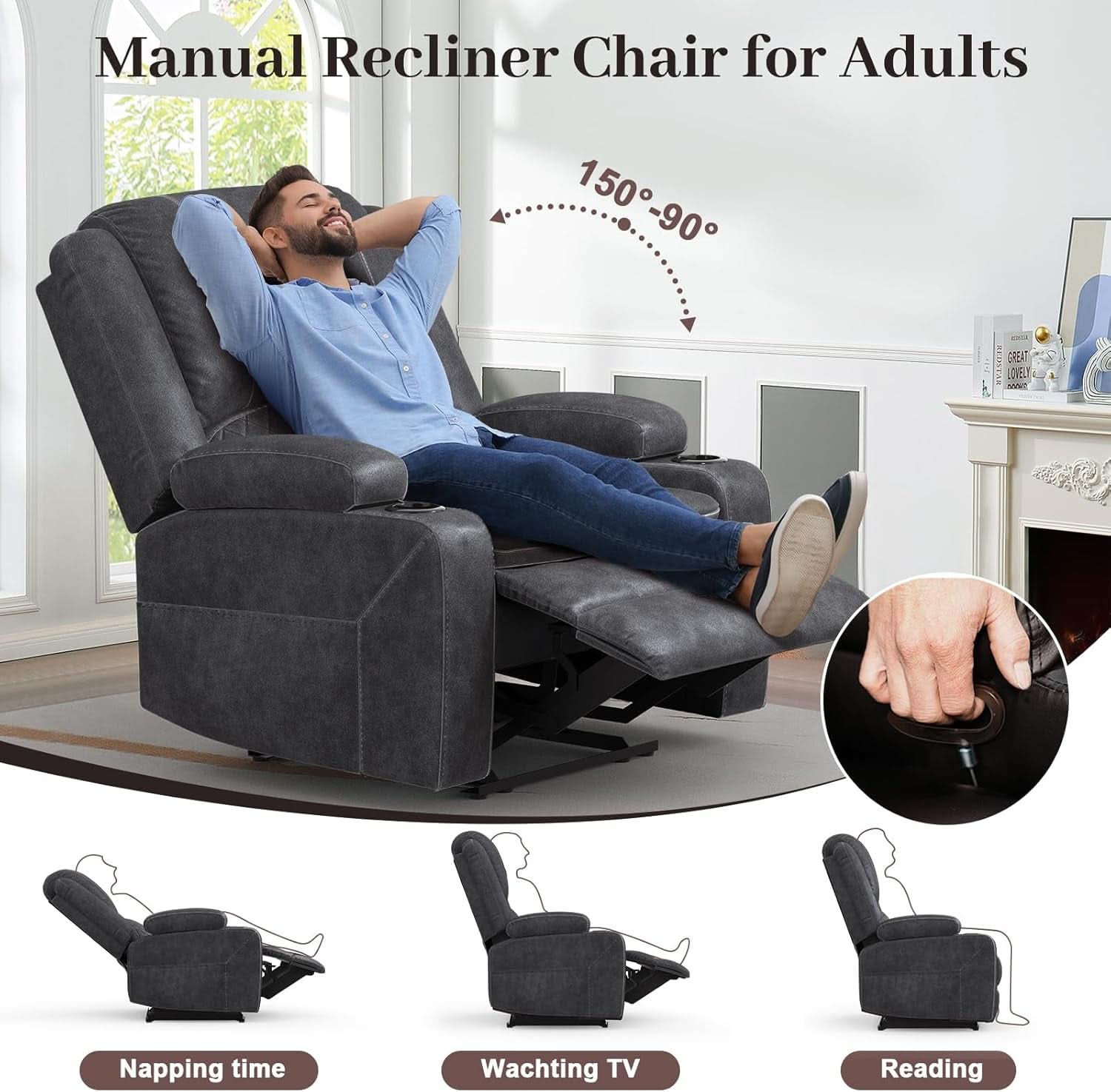 Grey Leather Reclining Loveseat Sofa Set With Console And Two Chairs