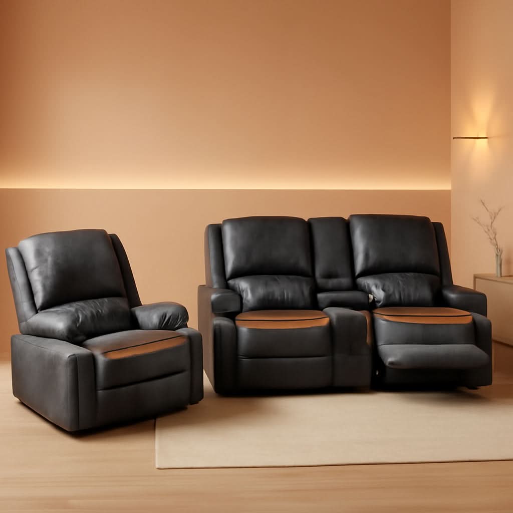 Grey Leather Reclining Loveseat Sofa Set With Console And Two Chairs