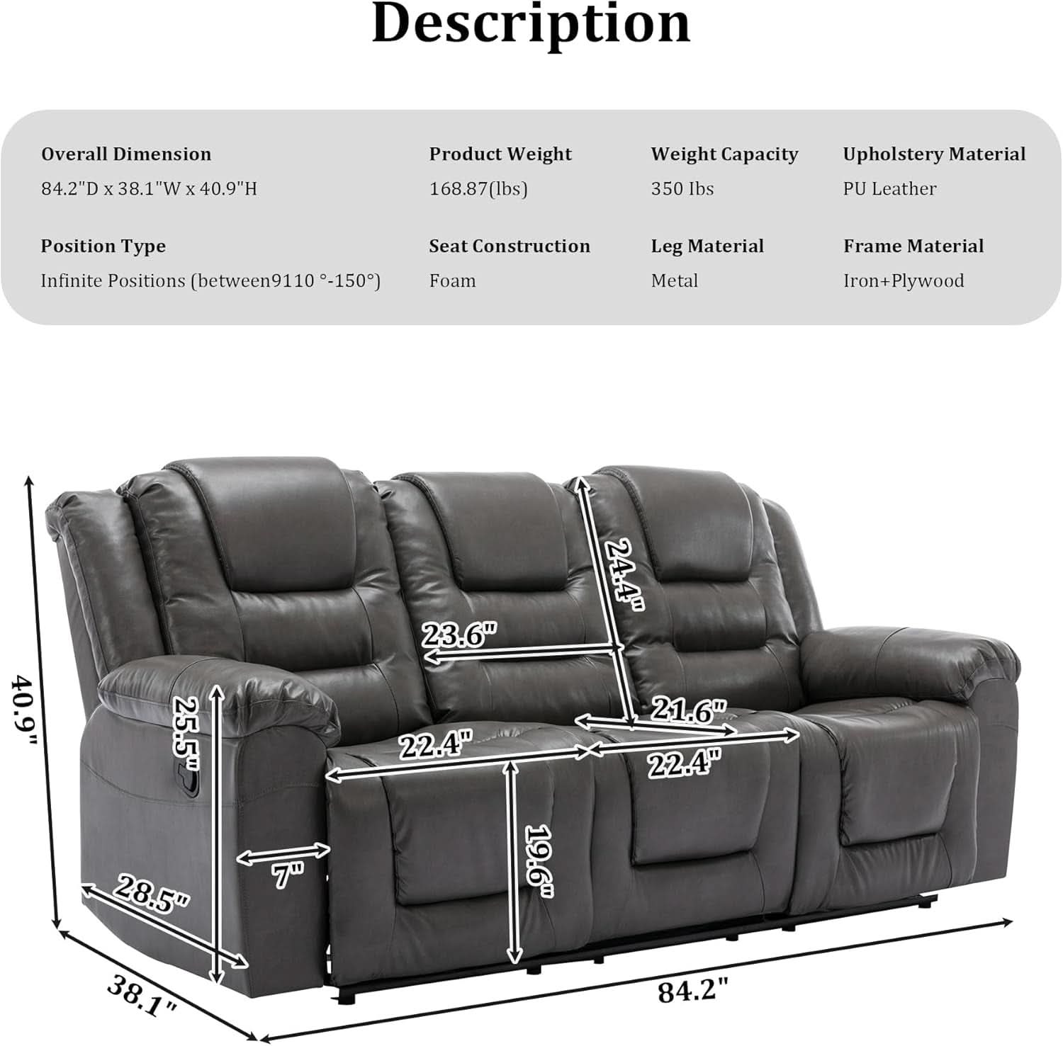 Grey Leather Reclining Sofa Set With Center Console