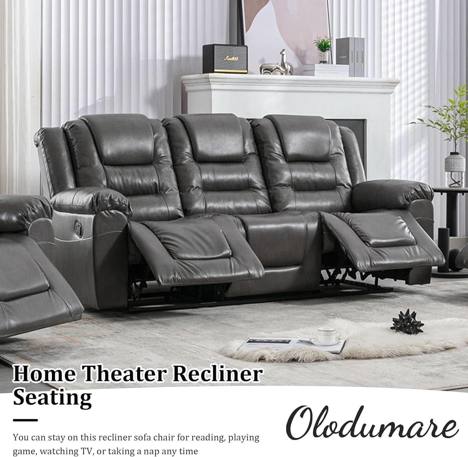 Grey Leather Reclining Sofa Set With Center Console