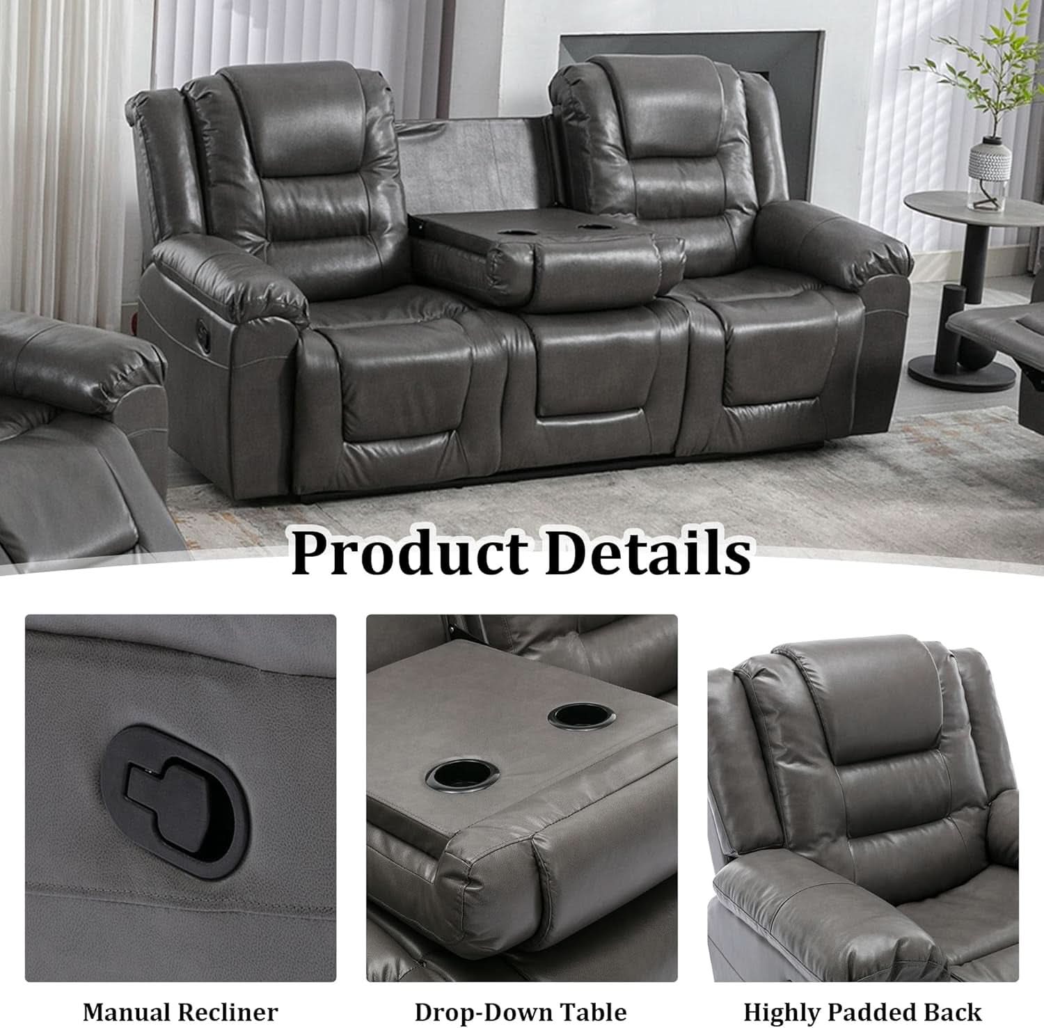 Grey Leather Reclining Sofa Set With Center Console