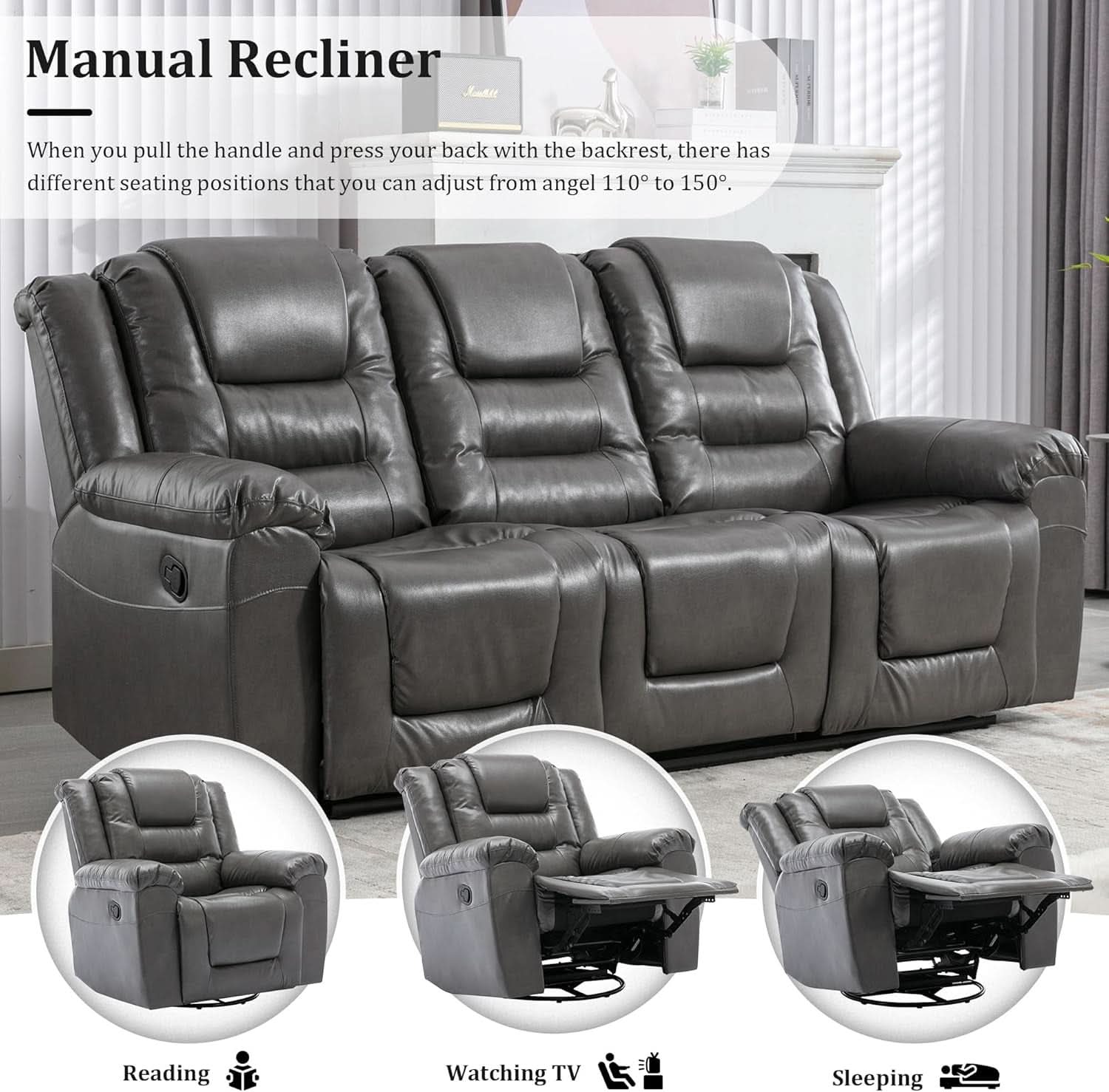 Grey Leather Reclining Sofa Set With Center Console