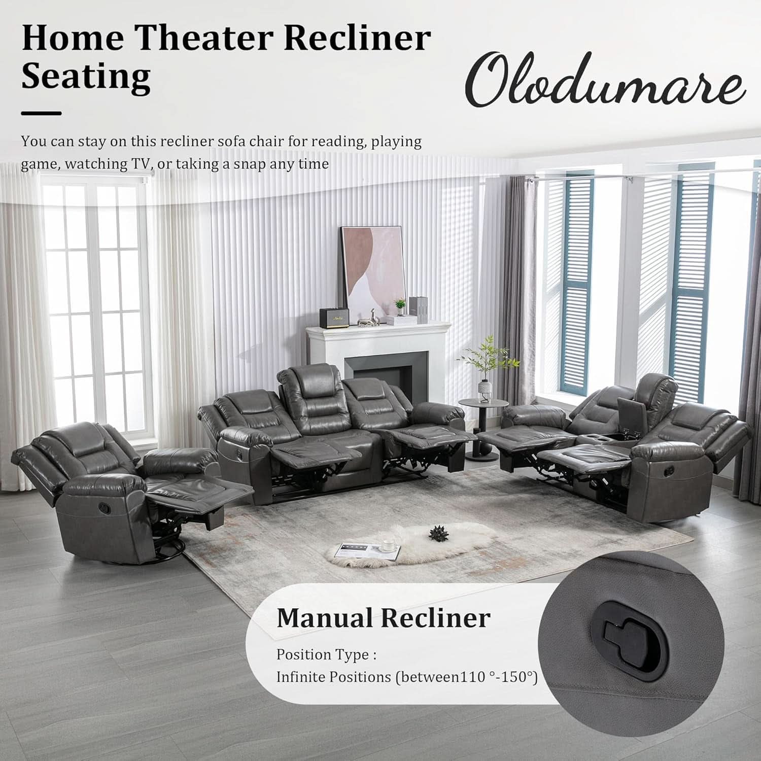 Grey Leather Reclining Sofa Set With Center Console