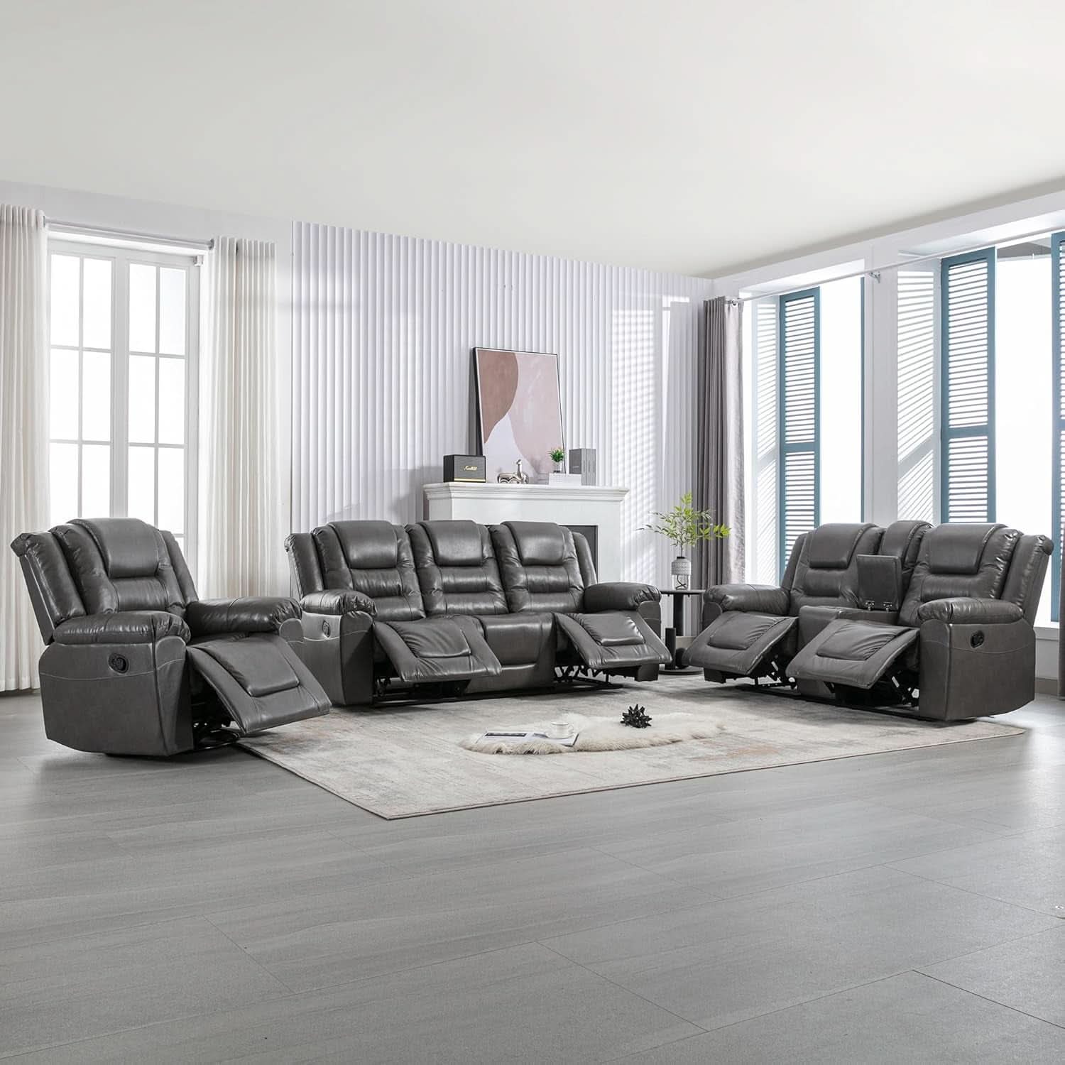 Grey Leather Reclining Sofa Set With Center Console