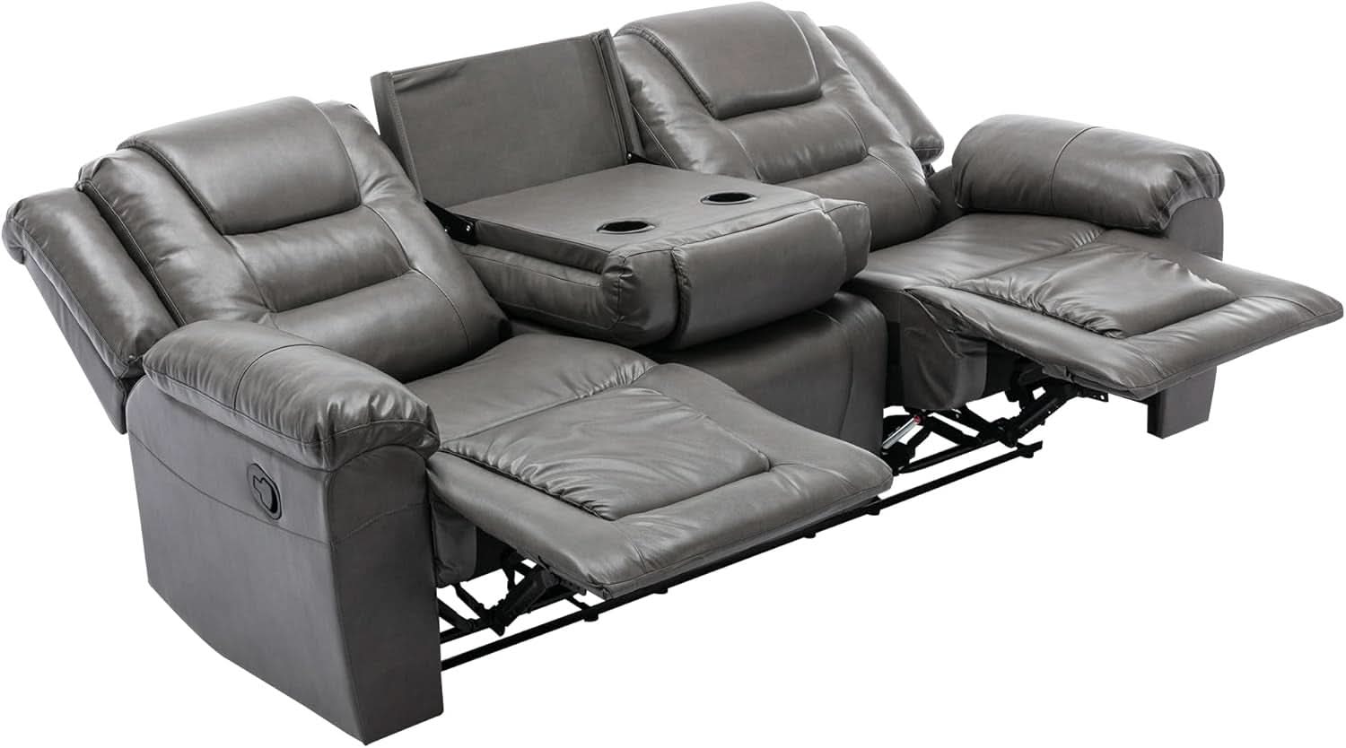 Grey Leather Reclining Sofa Set With Center Console