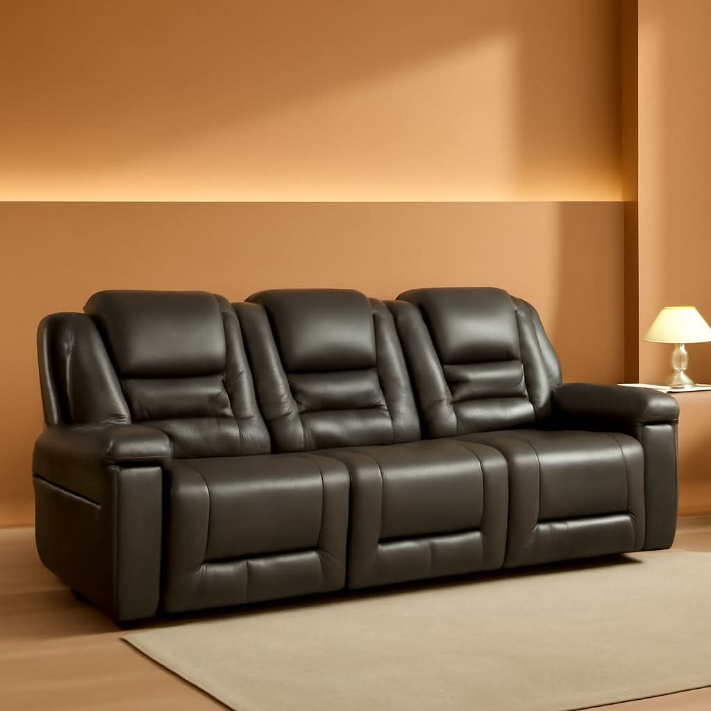 Grey Leather Reclining Sofa Set With Center Console