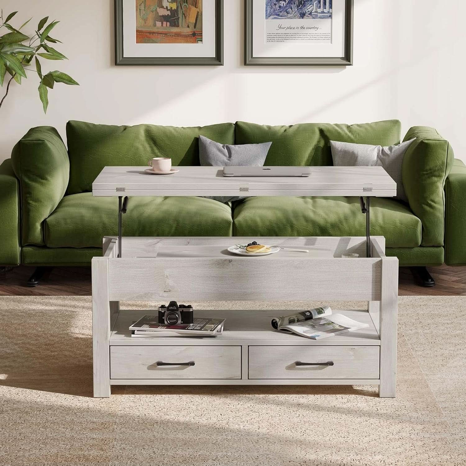 Grey Lift Top Coffee Table With Drawers Hidden Compartment