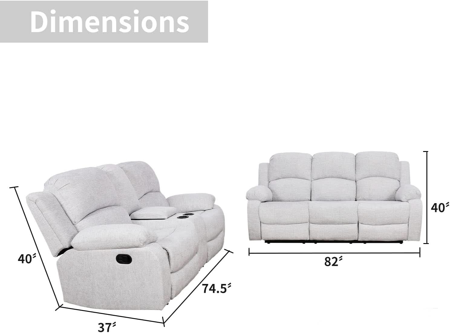 Grey Linen Recliner Sofa Set Featuring Drop Down Table