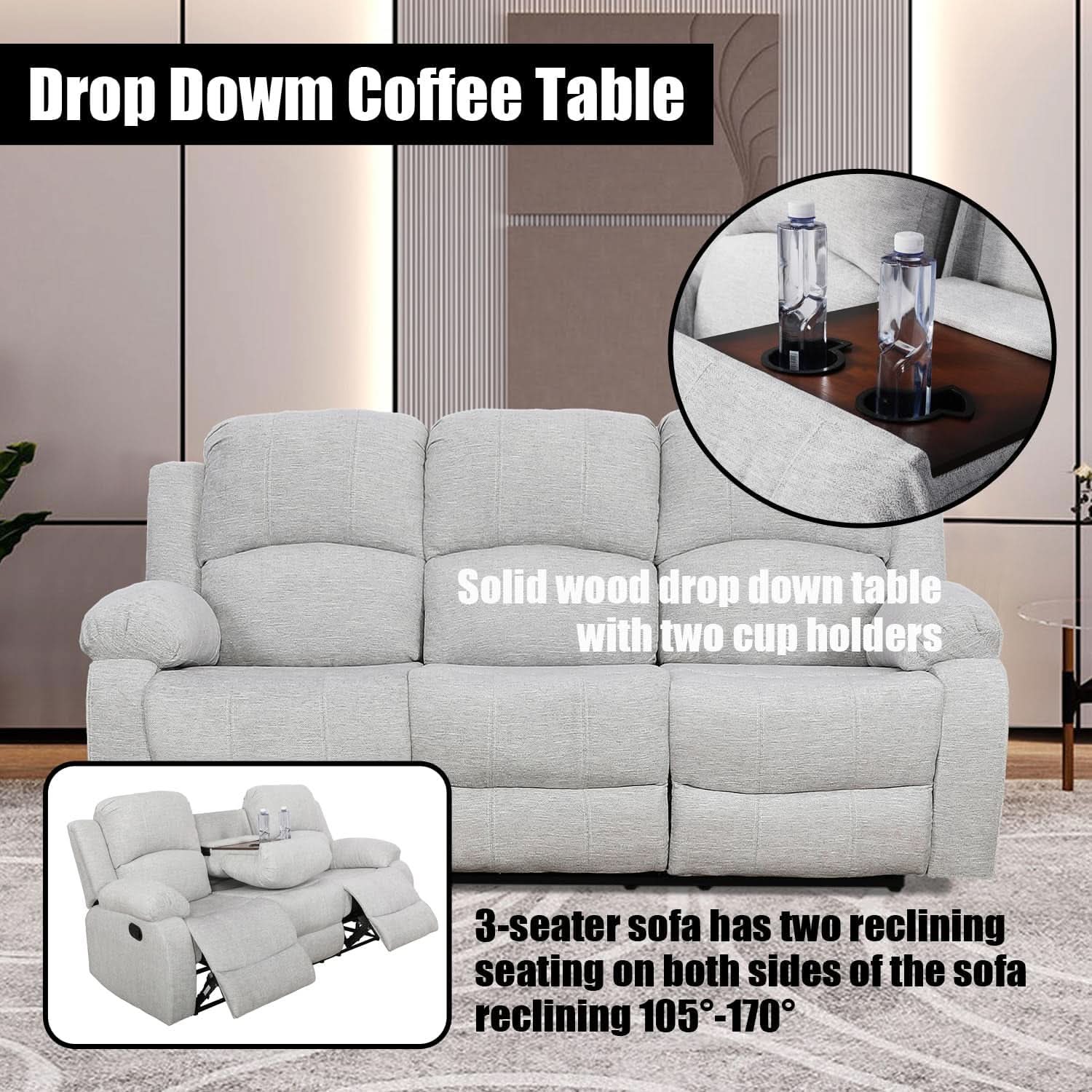 Grey Linen Recliner Sofa Set Featuring Drop Down Table