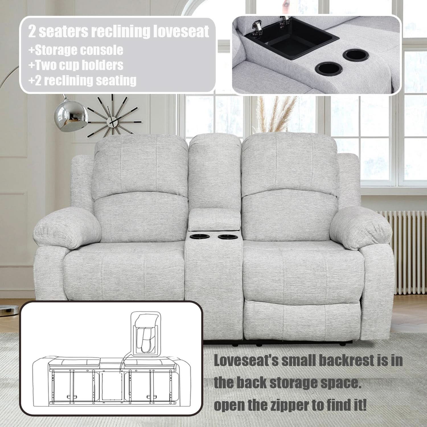Grey Linen Recliner Sofa Set Featuring Drop Down Table