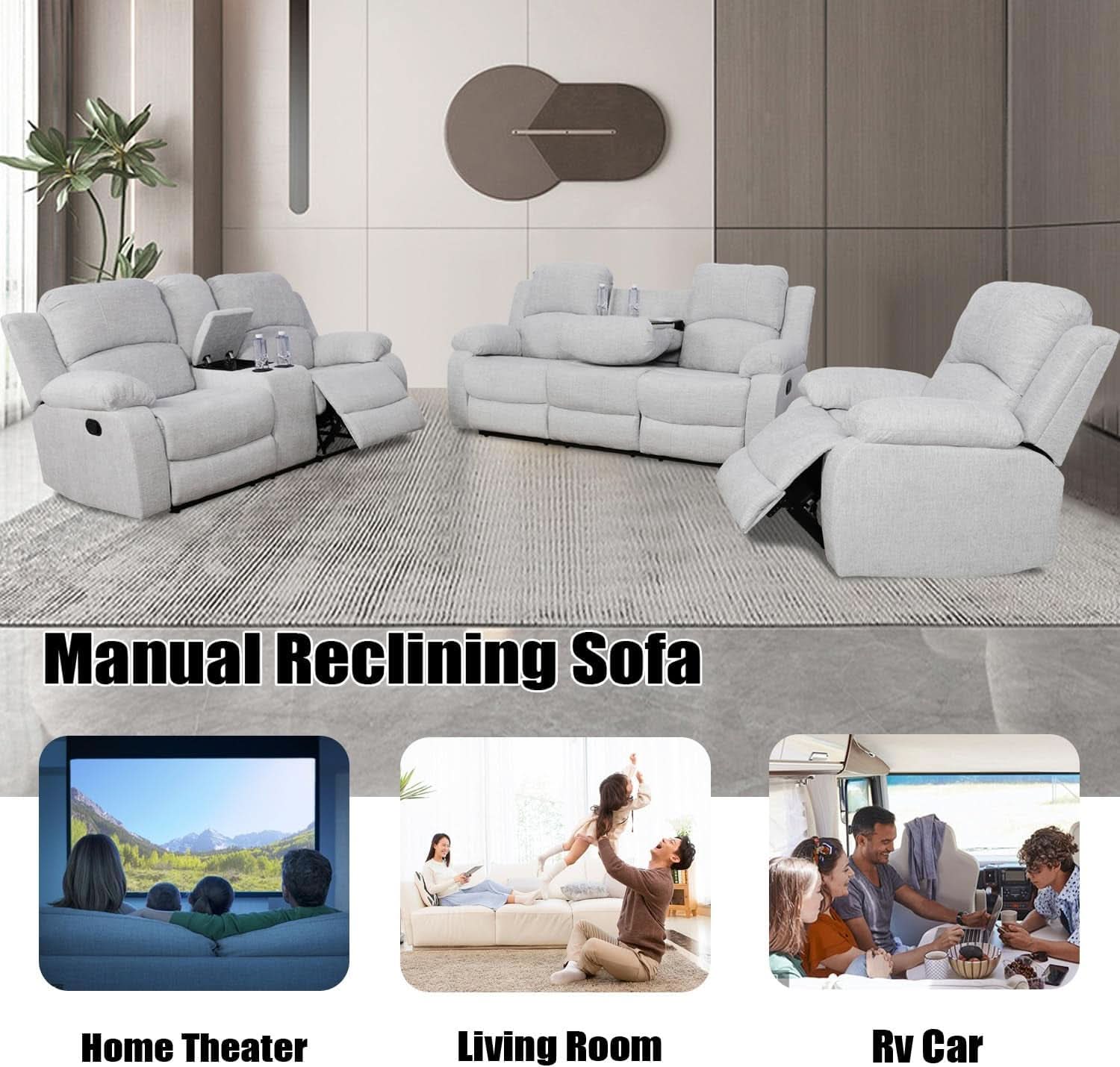 Grey Linen Recliner Sofa Set Featuring Drop Down Table