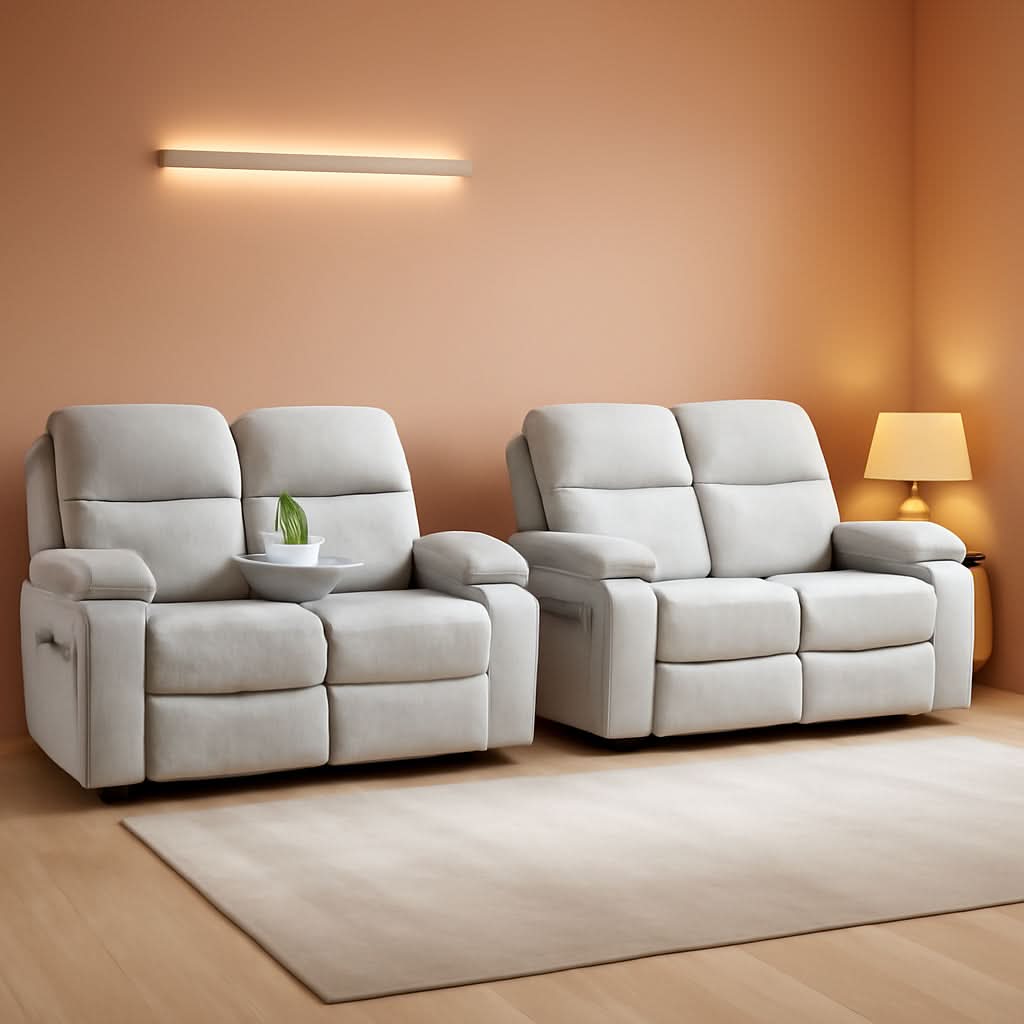 Grey Linen Recliner Sofa Set Featuring Drop Down Table