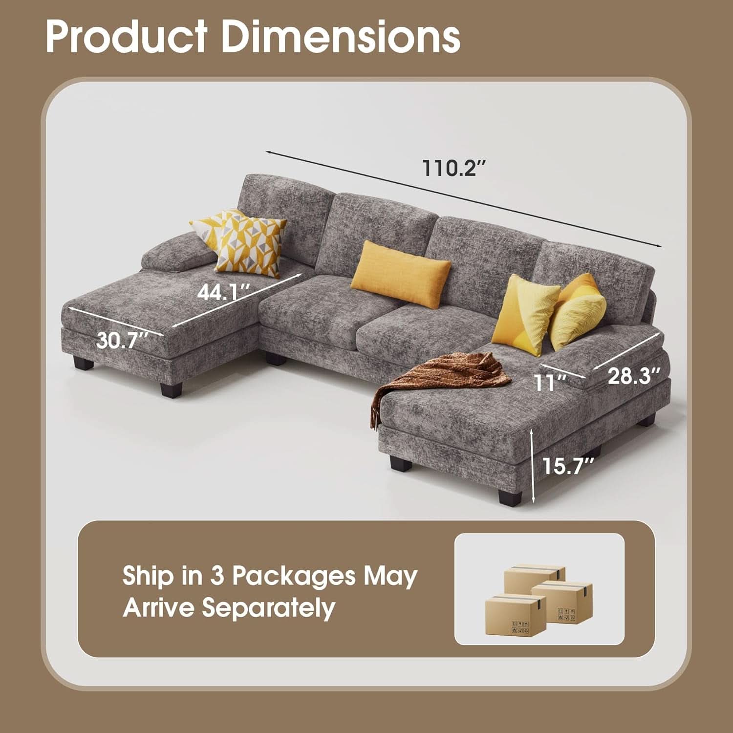 Grey Linen U Shaped Sectional Sofa Couch 4 Seat With Double Chaise