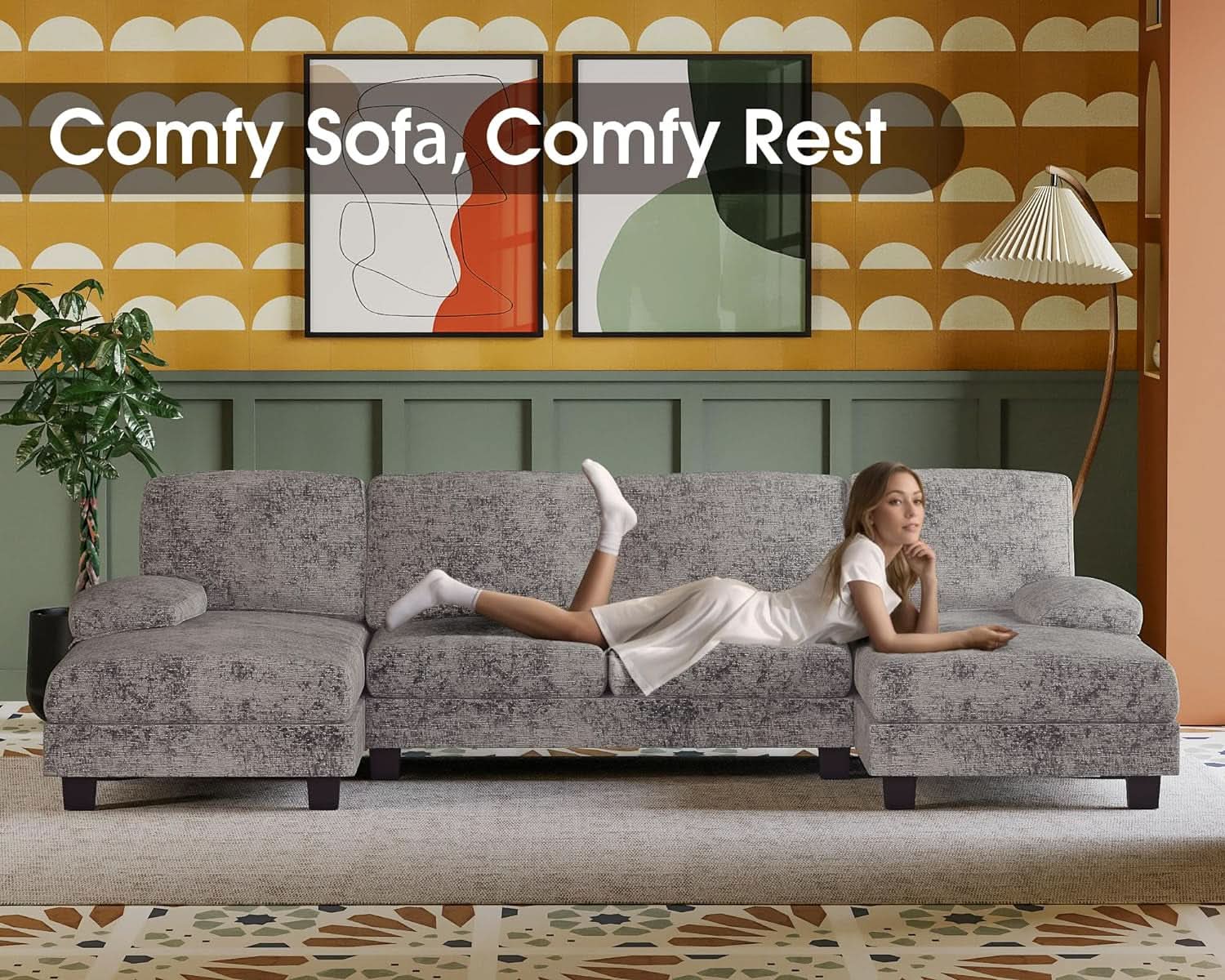 Grey Linen U Shaped Sectional Sofa Couch 4 Seat With Double Chaise