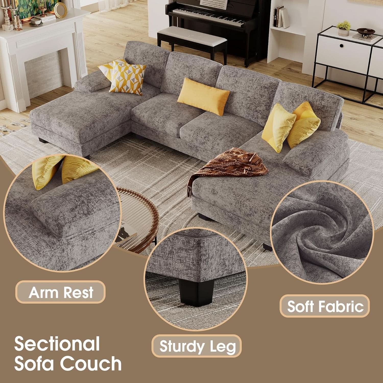 Grey Linen U Shaped Sectional Sofa Couch 4 Seat With Double Chaise