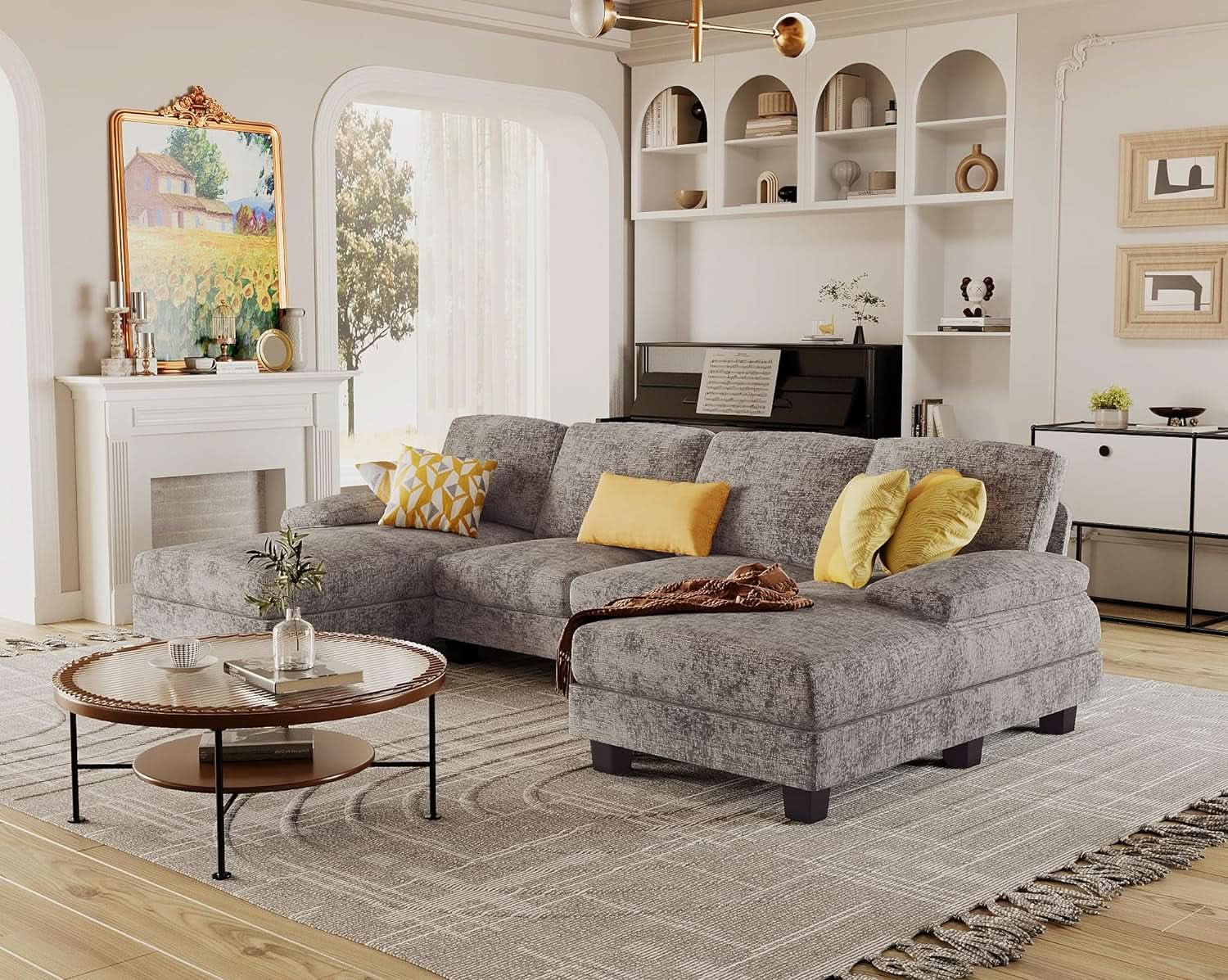 Grey Linen U Shaped Sectional Sofa Couch 4 Seat With Double Chaise