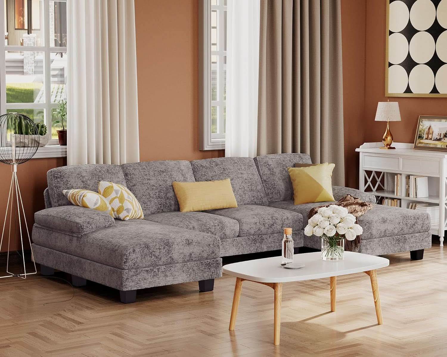 Grey Linen U Shaped Sectional Sofa Couch 4 Seat With Double Chaise