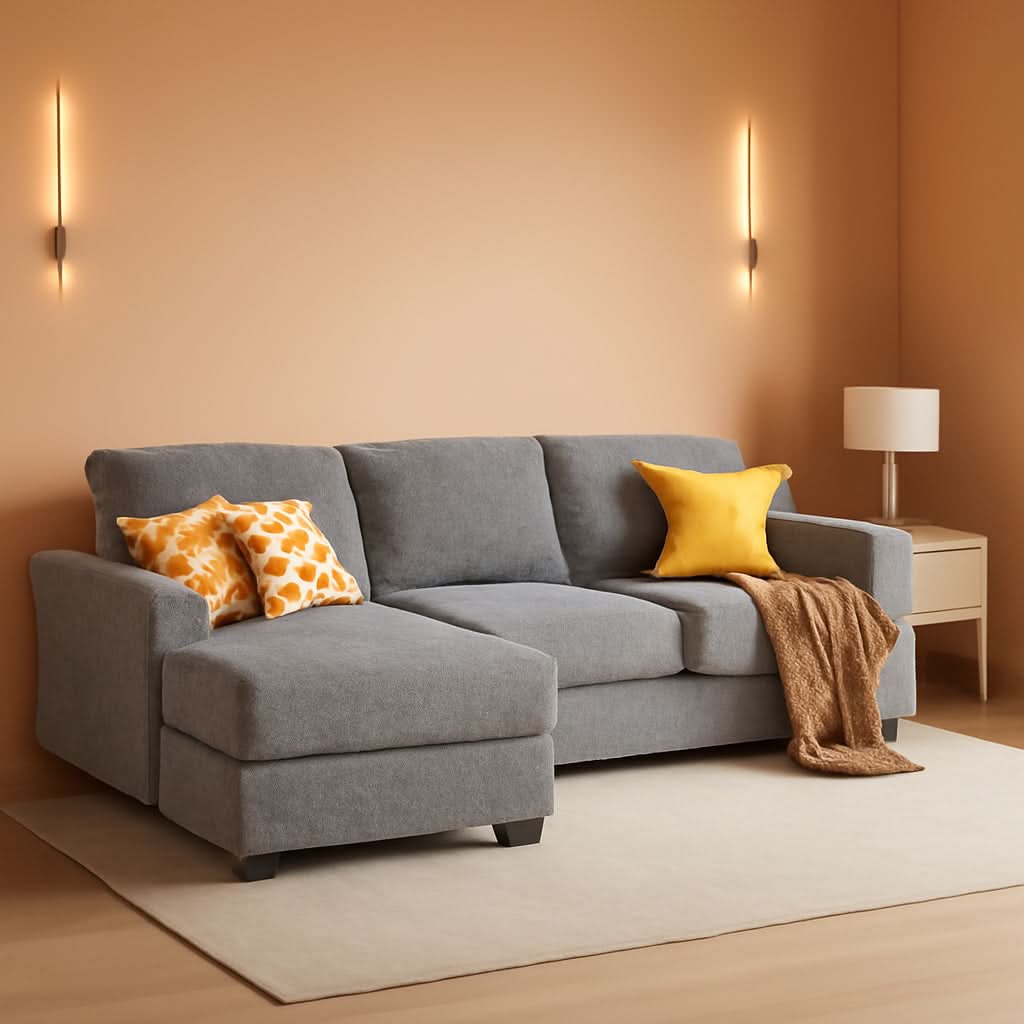 Grey Linen U Shaped Sectional Sofa Couch 4 Seat With Double Chaise