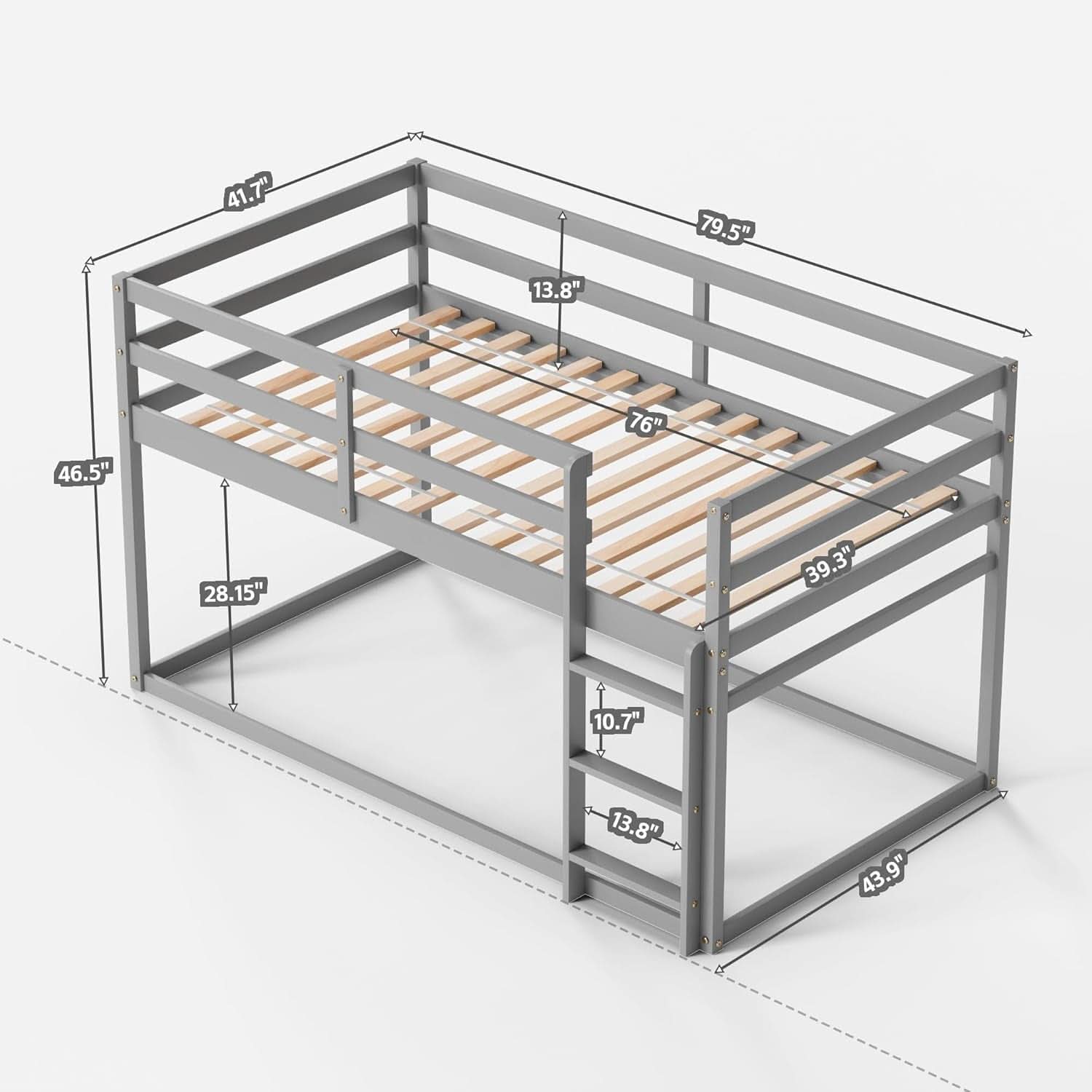 Grey Low Bunk Bed Twin Over Twin With Ladder For Kids Room
