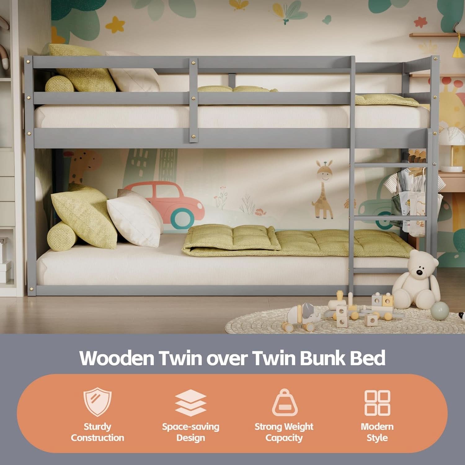 Grey Low Bunk Bed Twin Over Twin With Ladder For Kids Room