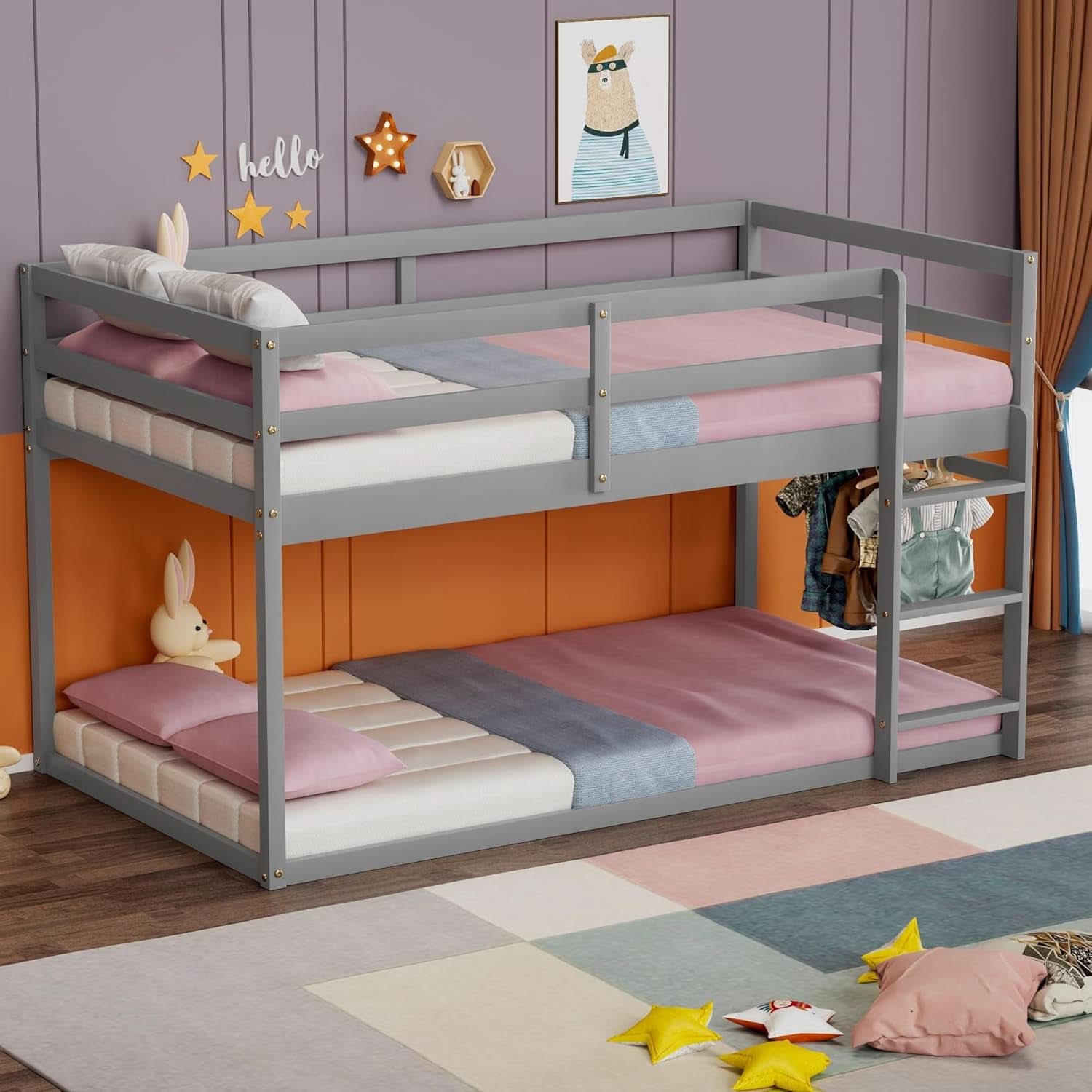 Grey Low Bunk Bed Twin Over Twin With Ladder For Kids Room