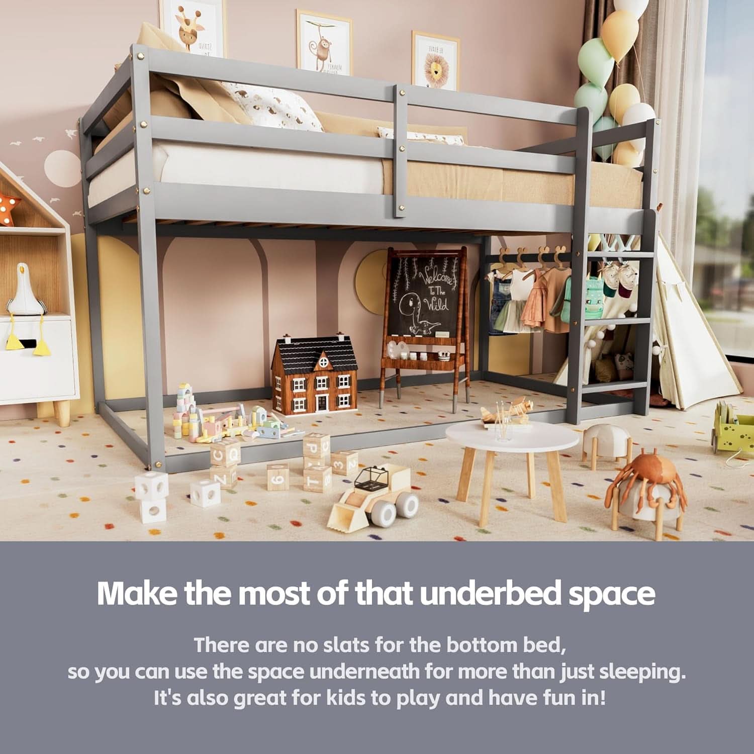 Grey Low Bunk Bed Twin Over Twin With Ladder For Kids Room