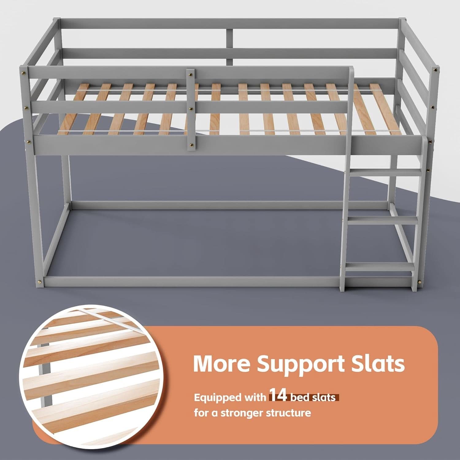 Grey Low Bunk Bed Twin Over Twin With Ladder For Kids Room