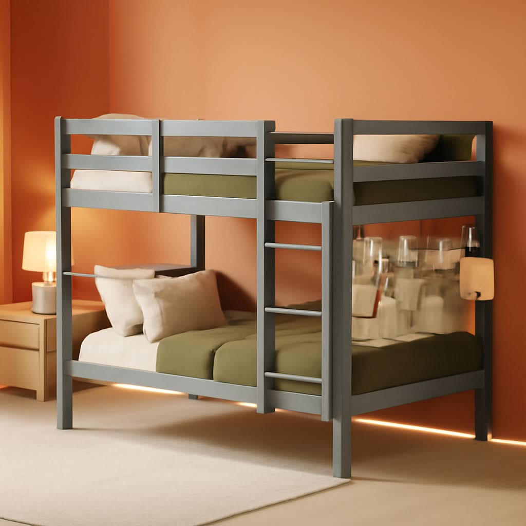 Grey Low Bunk Bed Twin Over Twin With Ladder For Kids Room