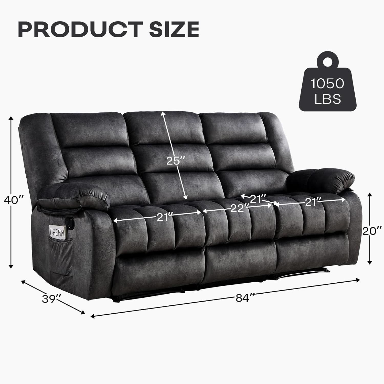 Grey Manual Recliner Sofa Set With Cup Holders For Living Room