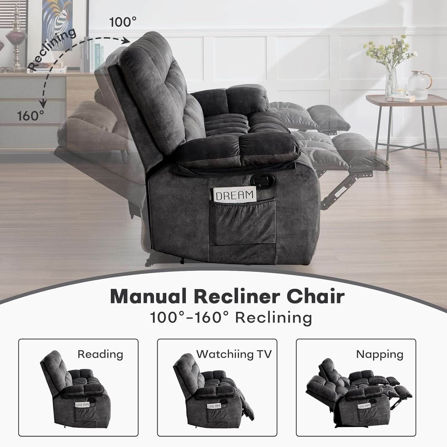 Grey Manual Recliner Sofa Set With Cup Holders For Living Room